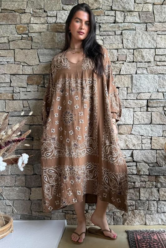 Kasbah Bubble Cotton Bandana Peasant Dress Hazelnut